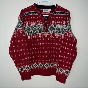 Vintage LL Bean Womens Small Nordic Fair Isle Wool Blend Red Sweater Made in USA